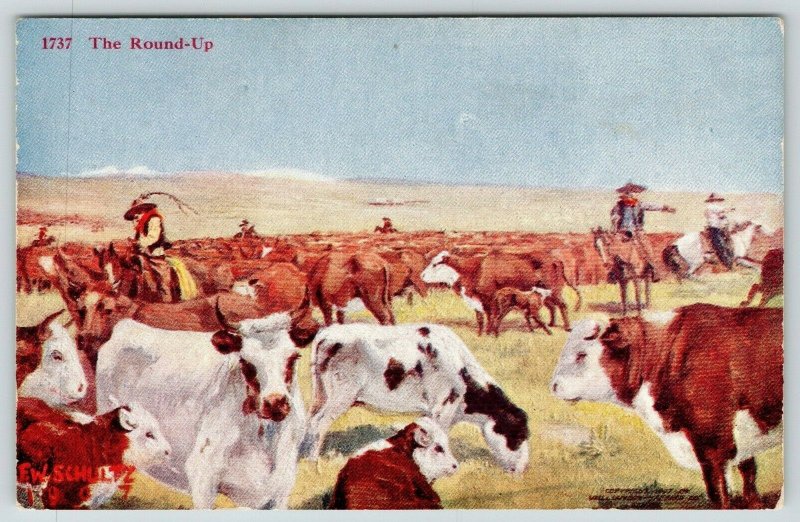 FW Schultz~Cowboy Western Artist~The Found Up~Ranch Hands in Midst of Cattle~'07 