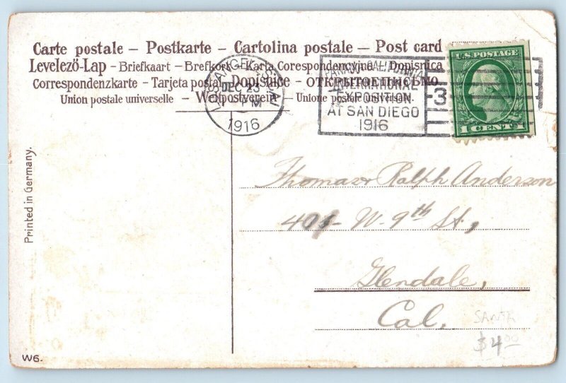 Christmas Postcard Santa Claus Bell Holly Berries Los Angeles California CA 1916