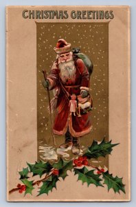 K1/ Santa Claus Christmas Postcard c1910 Holly Cane Doll 87