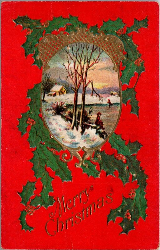 Merry Christmas - Holly Embossed - Red - Winter Scene - POSTCARD PC POSTED 