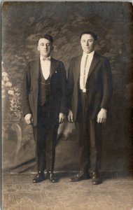 RPPC Two Dapper Men Cool Hair Suits Studio Photo c1920 Postcard V15