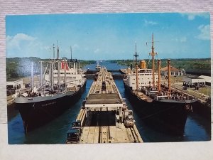 Panama Canal postcard Gatun Locks view from control tower of Two ships postcard