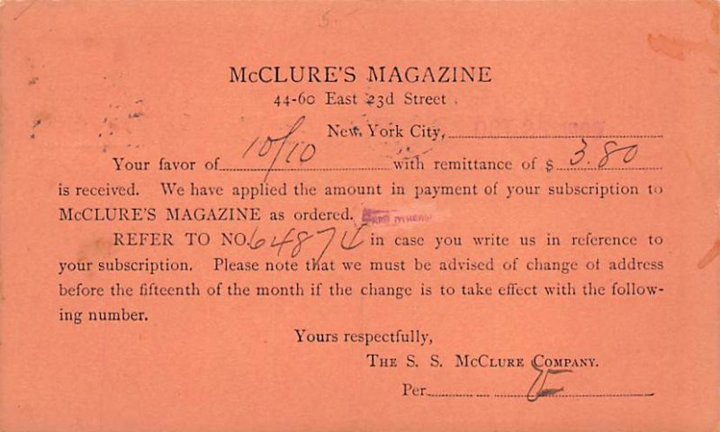 McClure's Magazine New York City, USA Advertising 1909 stains on front