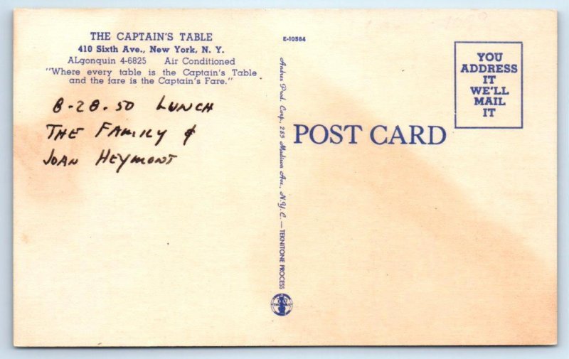NEW YORK, NY ~ Roadside THE CAPTAIN'S TABLE Restaurant c1940s Linen Postcard