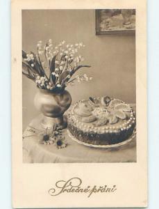 Pre-Chrome foreign STILL LIFE - FLOWERS BESIDE BEAUTIFULLY DECORATED CAKE HL7718