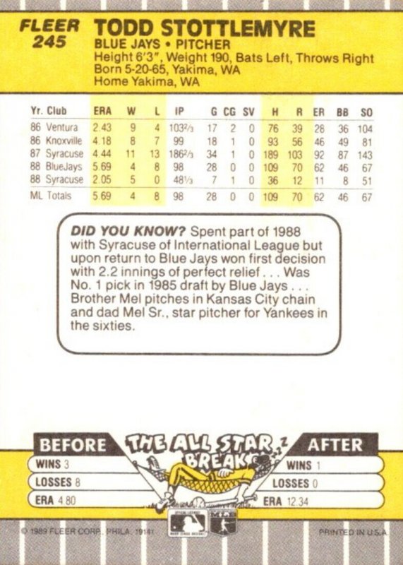 1989 Fleer Baseball Card Todd Stottlemyre Pitcher Toronto Blue Jays sun0675