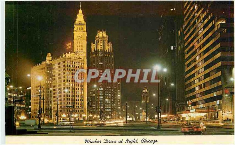 Modern Postcard Wacker Drive at night looking East from State Street Chicago