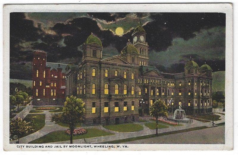 Wheeling, West Virginia, Early View of The City Building and Jail By Moonlight