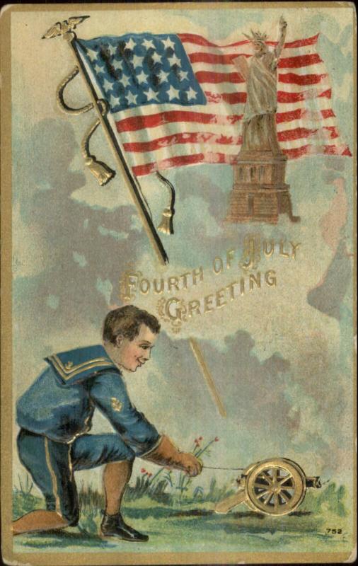 4th Fourth of July Boy Lighting Cannon American Flag Statue Liberty Postcard