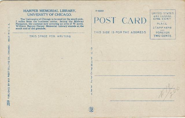 University of Chicago Postcard Harper Memorial Library 