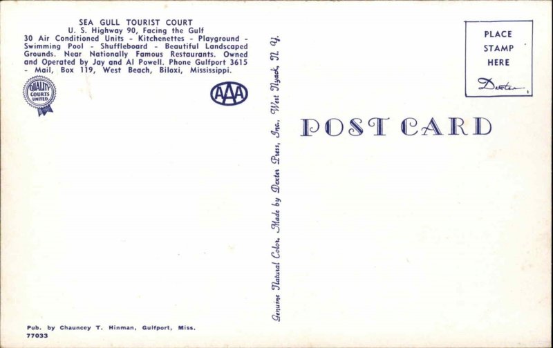 Biloxi Mississippi MS Sea Gull Tourist Court 1950s-60s Vintage Postcard