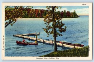 Philips Wisconsin WI Postcard Greetings Boats On Docks Scenic View c1940 Vintage