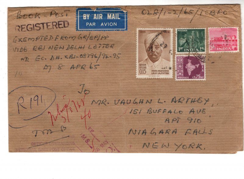 4.5 X 7 in Cover,  Used 1965, Registered Book Post, India Stamps to New York