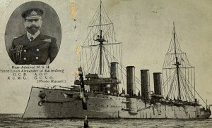 HMS Drake Cruiser Ship Royal Navy Vintage Postcard WWI Era w/ Admiral alexander