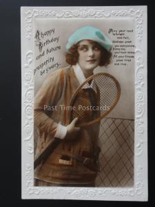 Birthday Greeting LAWN TENNIS Lady with Tennis Racket c1925 RP Postcard