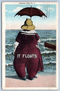 1919 IT FLOATS! FAT WOMAN in BATHING COSTUME COMIC ATLANTIC CITY NJ POSTCARD