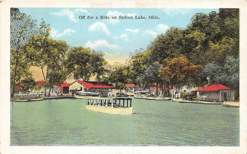 F23/ Indian Lake Ohio Postcard Boat Off For a Ride c1915