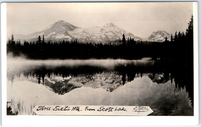 c1930s Scott Lake, OR RPPC Three Sister Mountains Real Photo Postcard Martin A97