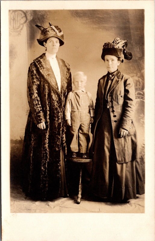 Real Photo Postcard Photo Studio Two Women with Little Boy Wearing Overalls