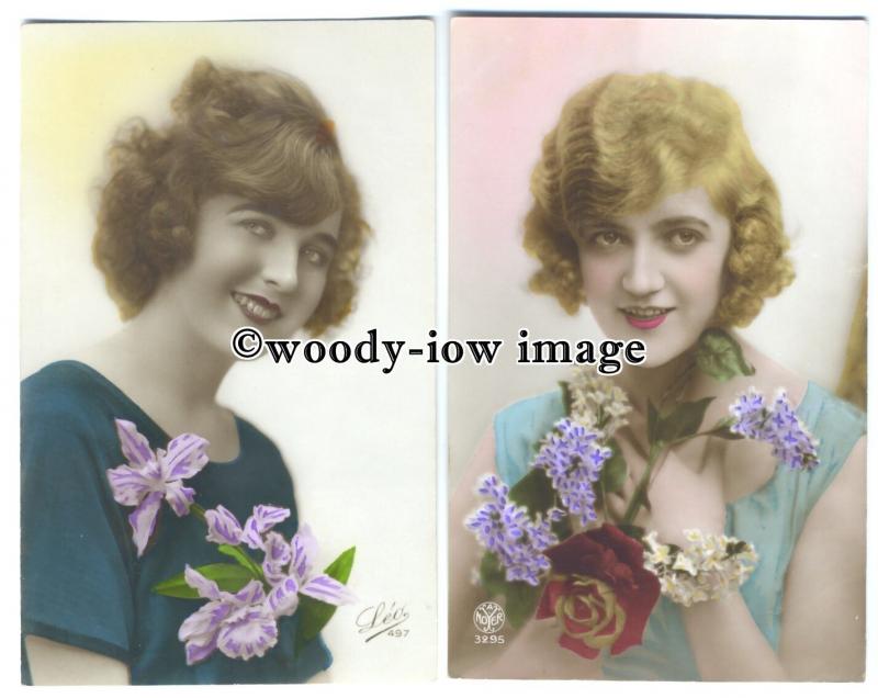 su2890 - Two Portraits of Beautiful Women c1930s, holding Flowers - 2 postcards