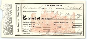 1916 PORTLAND ME KNIGHTS OF THE MACCABEES OF THE WORLD BILLHEAD RECEIPT Z1147