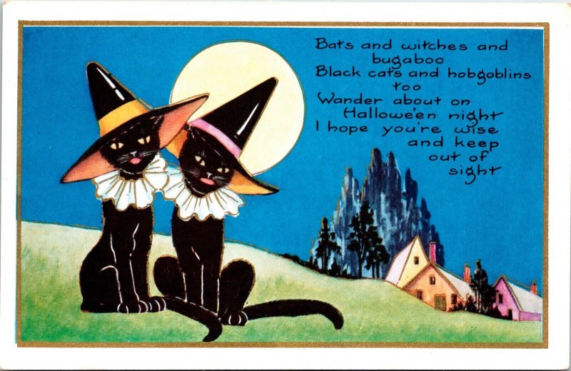 Vintage Adorable Black Cat Witches, Hat & Moon Antique Halloween Postcard