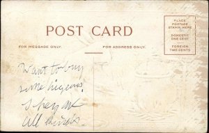 Easter Bunny Rabbit Eggs Fire Engine Gilt Embossed c1910s Postcard