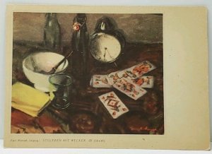 Alarm Clock Still Life Playing Cards Pipe German Art Postcard J9