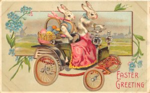 Easter Greeting, Dressed Rabbits In Automobile,  Embossed, Vintage PC U17878