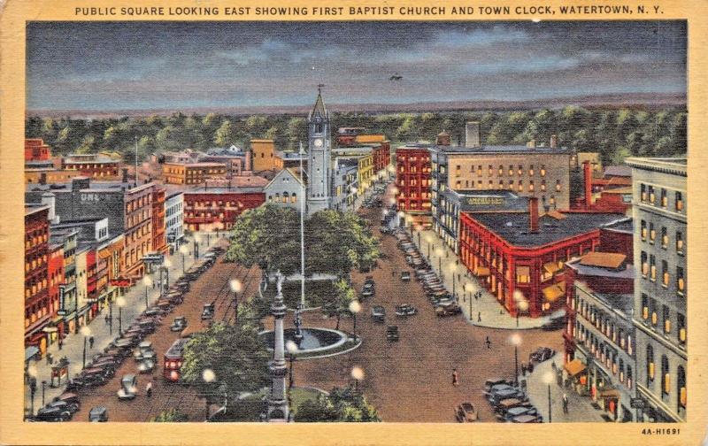 WATERTOWN NY-PUBLIC SQUARE-FIRST BAPTIST-TOWN CLOCK-NIGHT VIEW POSTCARD 1947