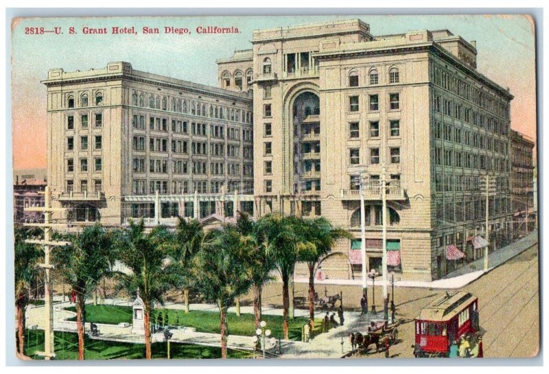 c1914 US Grant Hotel Building Streetcar San Diego California CA Vintage Postcard 