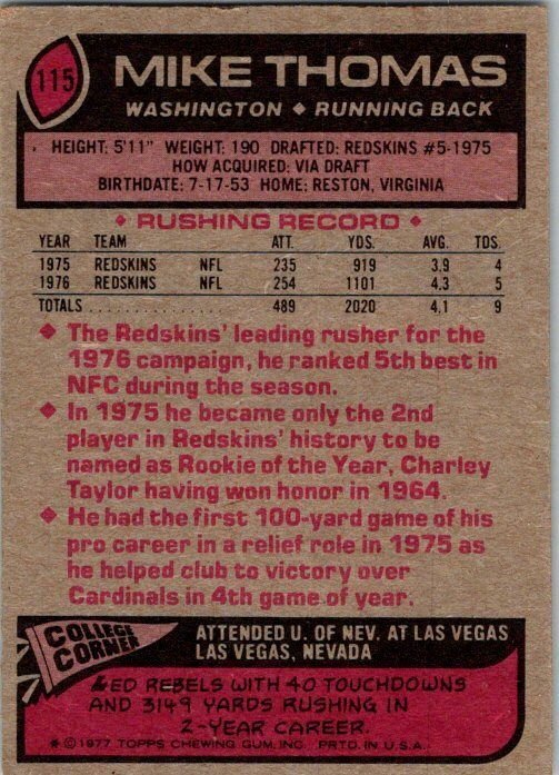 1977 Topps Football Card Mike Thomas Washington Redskins sk21395