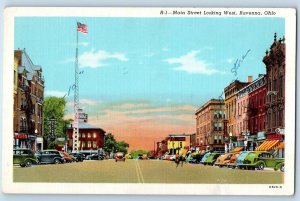 c1940's Main Street Looking West Flag Tower Classic Cars Ravenna Ohio Postcard