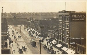 Moose Jaw Canada Main Street Storefronts Horse & Wagons Trolley Car RPPC