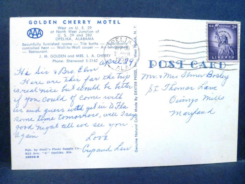 Postcard AL Opelika Golden Cherry Motel 1950's Old Car