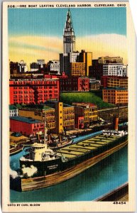 Cleveland OH-Ohio, Ore Boat Living Cleveland Harbor, Skyline, Vintage Postcard