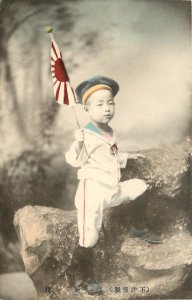 Hand Colored Litho Postcard Japanese Little Boy in Sailor Suit Rising Sun Flag