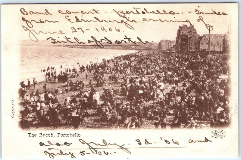 c1906 Portobello Beach, Scotland Crowd Vello Photo Postcard w/ Unused Stamp A71