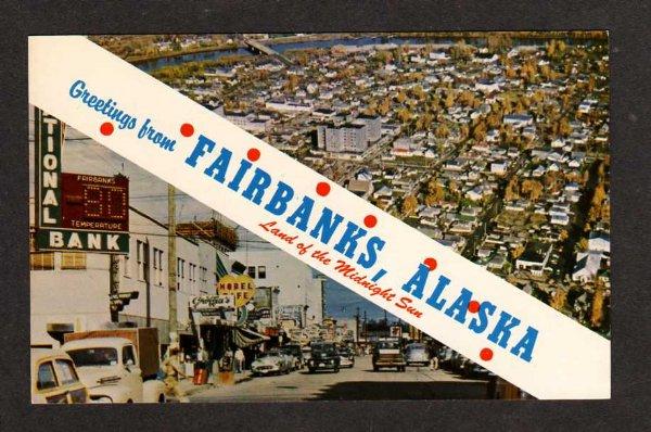 AK Greetings From Fairbanks Alaska National Bank Mobel Cafe Postcard PC