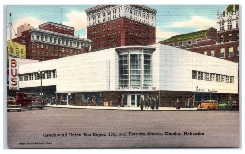 Mid-1900s Greyhound Union Bus Depot, 18th & Farnam Streets, Omaha, NE Postcard