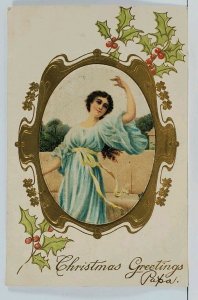 Christmas Picturesque Silk Scene Cameo Style Gilded 1906 Embossed Postcard C17