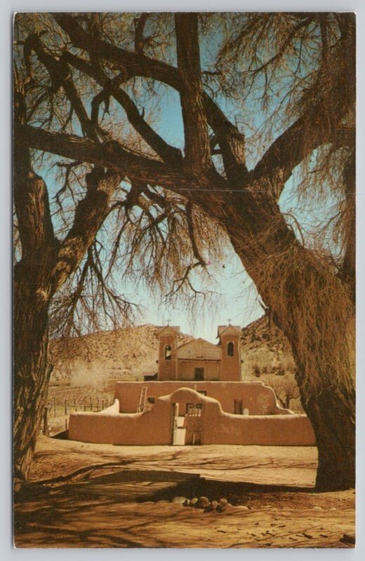 Postcard Chimayo New Mexico NM El Santuario Church Adobe 1950s Chrome View