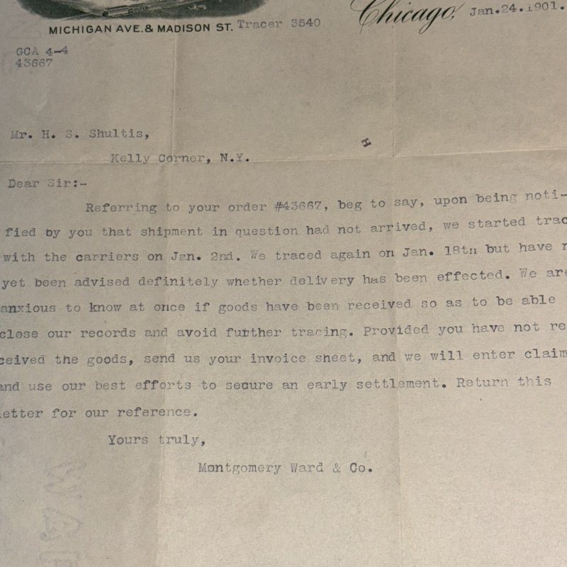 1901 Montgomery Ward & Co Letter Regarding Missing Shipment