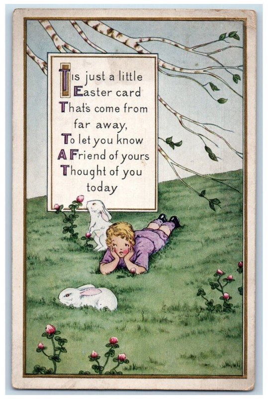 1917 Easter Little Boy And Bunny Rabbit Playing Flowers Saginaw MI Postcard 