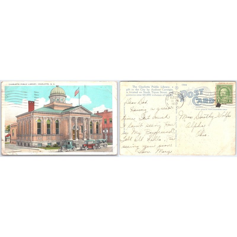 Postcard Charlotte Public Library, NC 1937 Architecture Linen