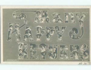 Pre-1907 rppc HAPPY RETURNS - LOTS OF FEMALE FACES IN THE BIG LETTERS o2329