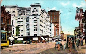 Postcard Street Scene and Cadillac Hotel in Detroit, Michigan