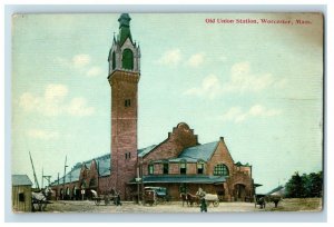 C.1910 Union Train Station Worcester Mass Buggies Horses Vintage Postcard P79 