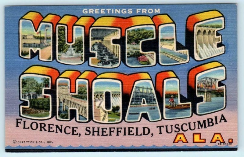 2 Large Letter Linens MUSCLE SHOALS, Alabama AL ~ Curteich c1940s Postcards