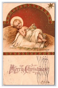 Merry Christmas Nativity Baby Jesus In Manger Embossed Gilt DB Postcard H29